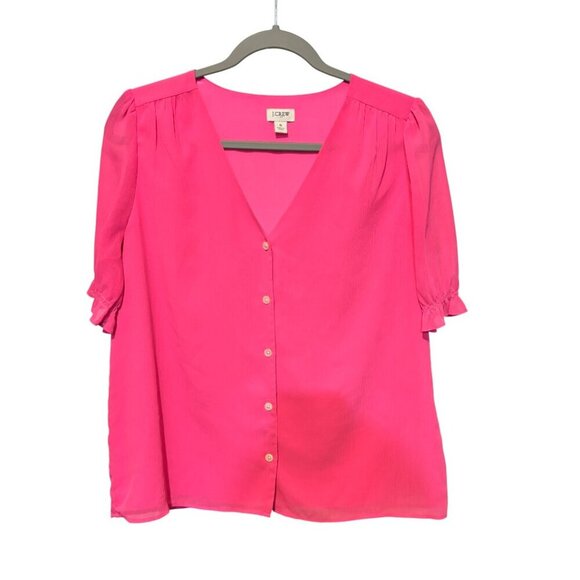J. Crew Pink Ruffle Short Sleeve Button Front Blouse - Picture 2 of 11